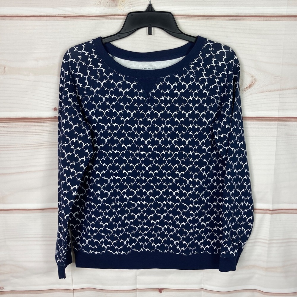 Charter Club Top Womens M Blue Geometric Weekend Sweatshirt Long Sleeve Pullover